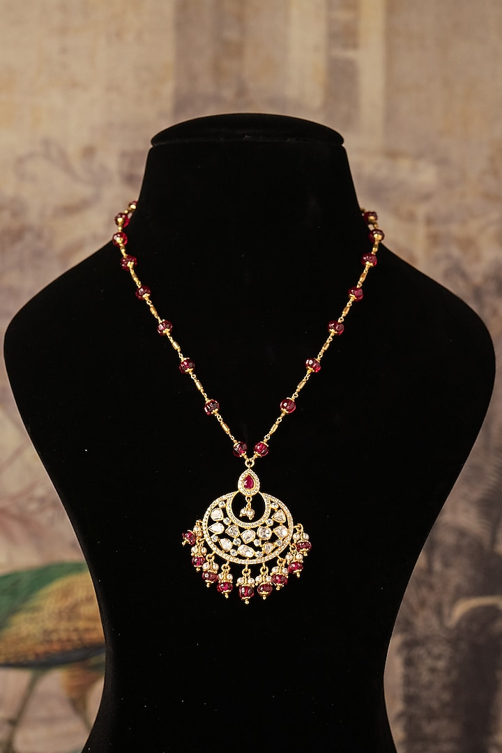 Gold Plated Red Kundan Polki Long Necklace In Sterling Silver by Varq Jewels at Pernia's Pop Up Shop