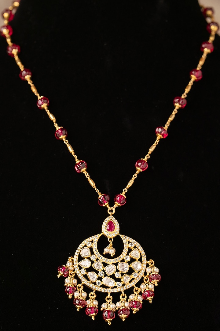Gold Plated Red Kundan Polki Long Necklace In Sterling Silver by Varq Jewels at Pernia's Pop Up Shop