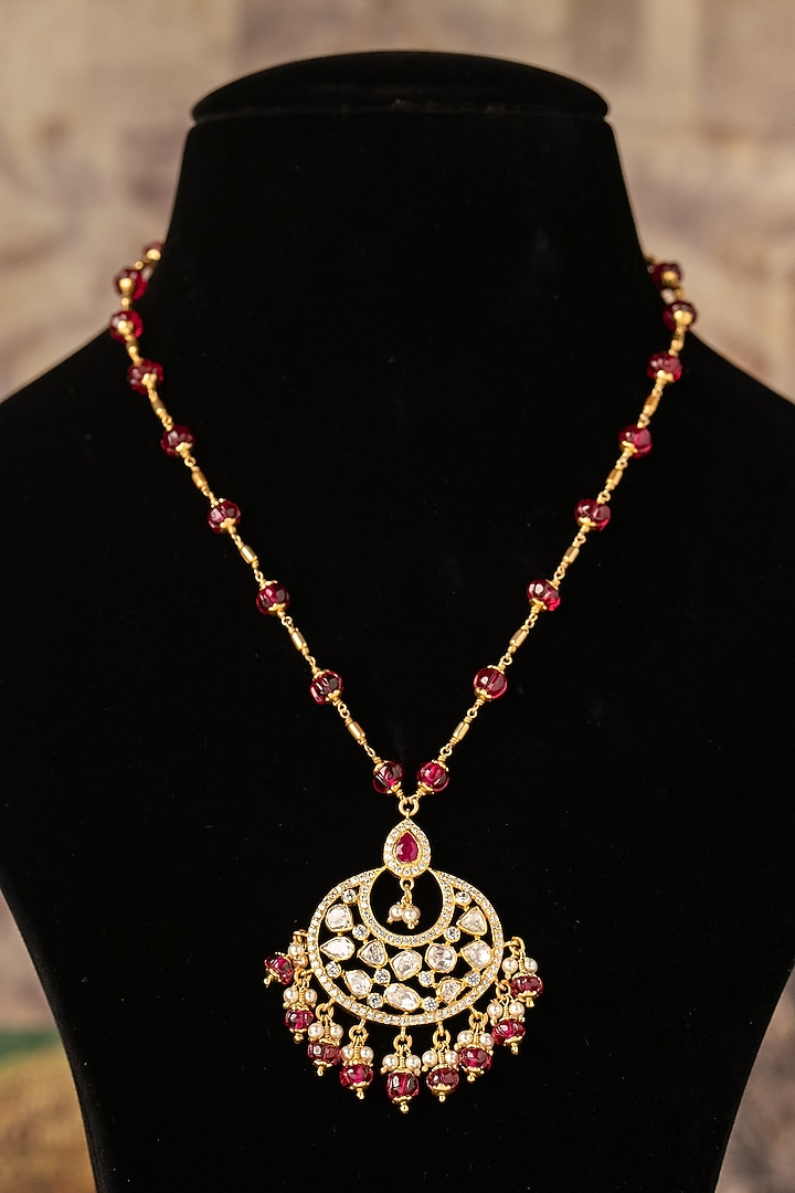Gold Plated Red Kundan Polki Long Necklace In Sterling Silver by Varq Jewels at Pernia's Pop Up Shop