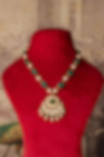 Gold Plated Green Kundan Polki Long Necklace In Sterling Silver by Varq Jewels at Pernia's Pop Up Shop