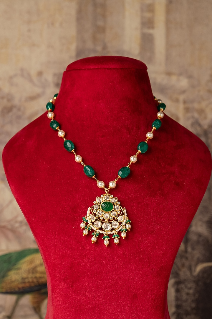 Gold Plated Green Kundan Polki Long Necklace In Sterling Silver by Varq Jewels at Pernia's Pop Up Shop