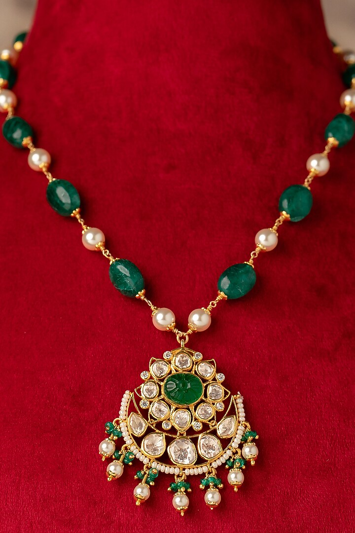 Gold Plated Green Kundan Polki Long Necklace In Sterling Silver by Varq Jewels at Pernia's Pop Up Shop