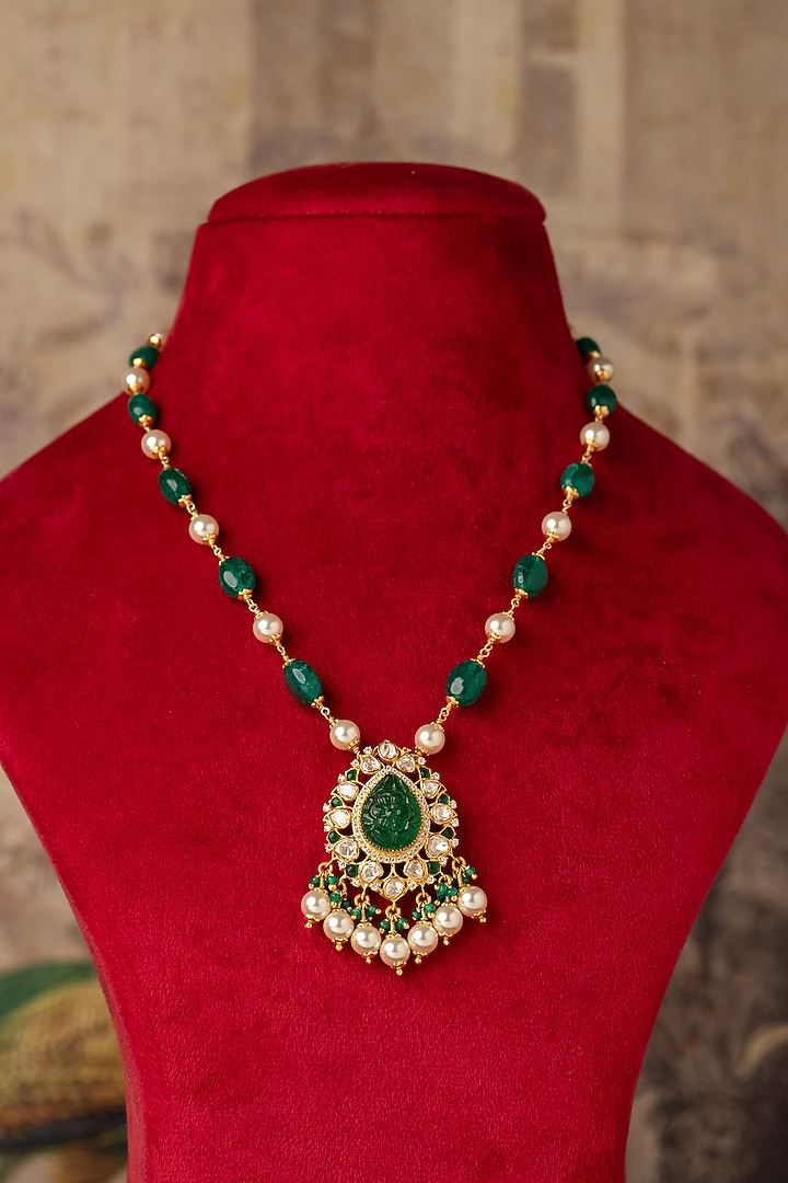 Gold Plated Green Kundan Polki Long Necklace In Sterling Silver by Varq Jewels at Pernia's Pop Up Shop