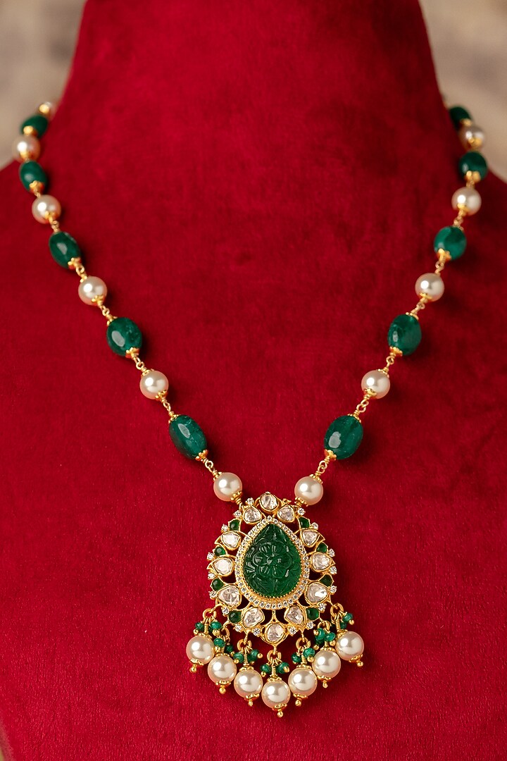 Gold Plated Green Kundan Polki Long Necklace In Sterling Silver by Varq Jewels at Pernia's Pop Up Shop