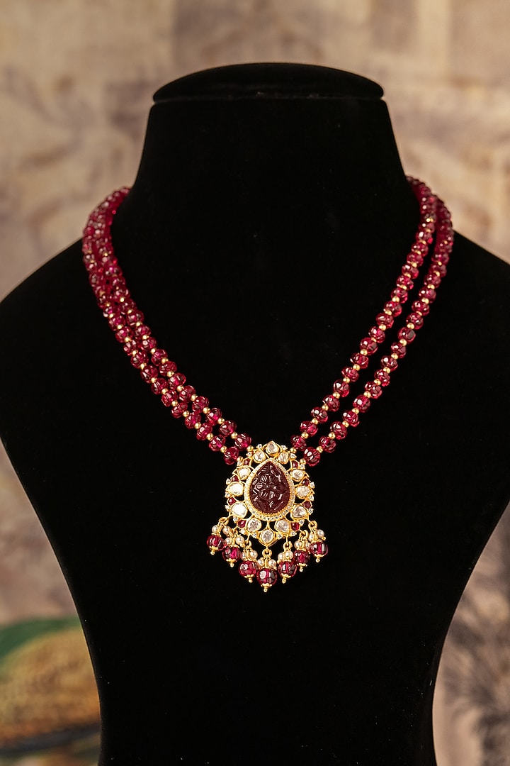 Gold Plated Red Kundan Polki Long Necklace In Sterling Silver by Varq Jewels at Pernia's Pop Up Shop
