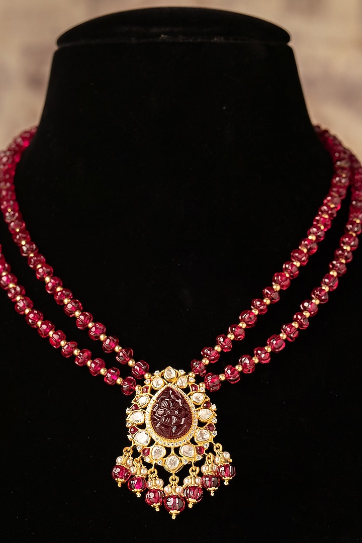 Gold Plated Red Kundan Polki Long Necklace In Sterling Silver by Varq Jewels at Pernia's Pop Up Shop