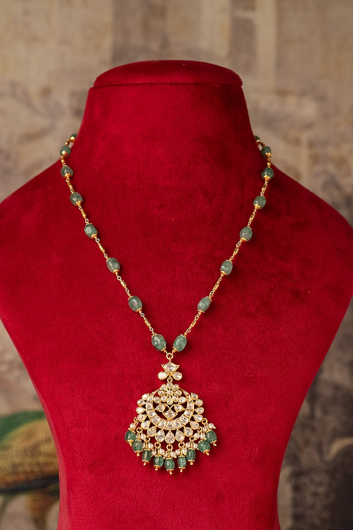 Gold Plated White Kundan Polki Long Necklace In Sterling Silver by Varq Jewels at Pernia's Pop Up Shop