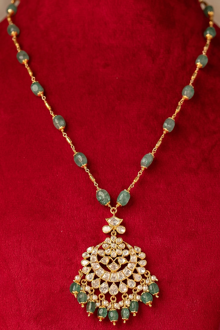 Gold Plated White Kundan Polki Long Necklace In Sterling Silver by Varq Jewels at Pernia's Pop Up Shop