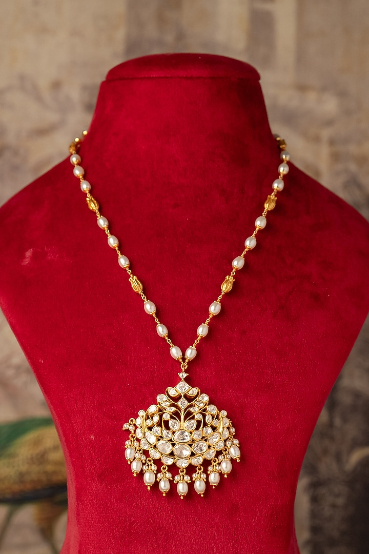Gold Plated White Kundan Polki Long Necklace In Sterling Silver by Varq Jewels at Pernia's Pop Up Shop