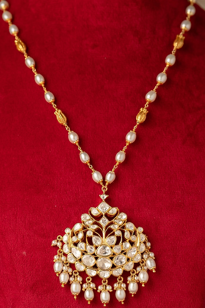 Gold Plated White Kundan Polki Long Necklace In Sterling Silver by Varq Jewels at Pernia's Pop Up Shop