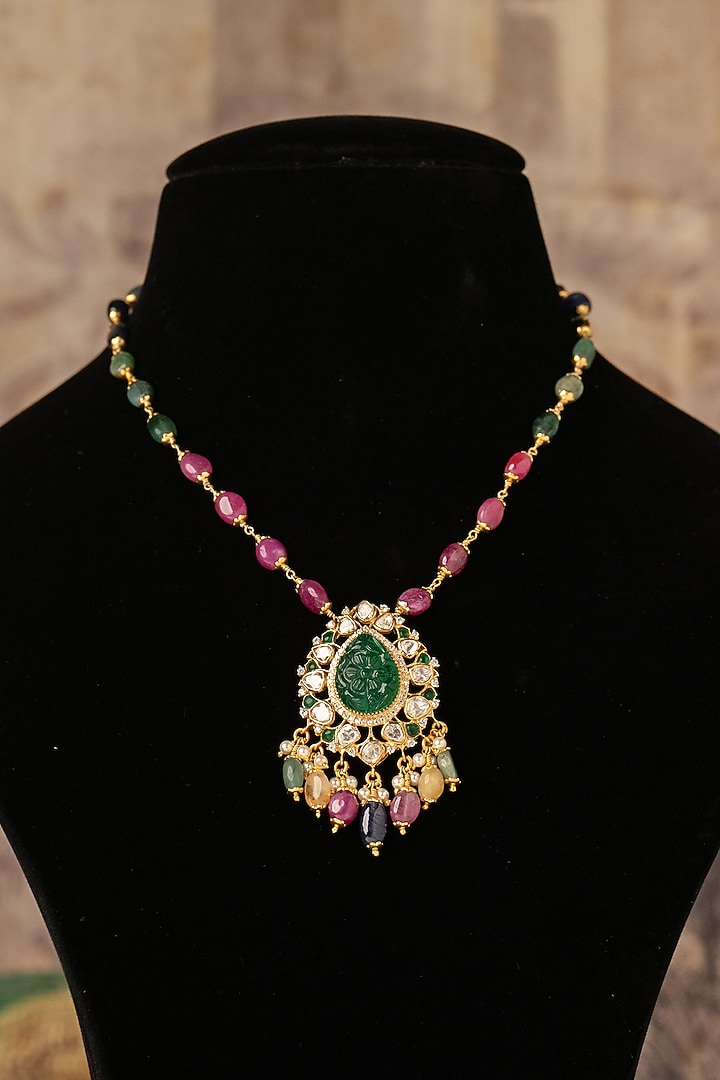 Gold Plated Green Kundan Polki Long Necklace In Sterling Silver by Varq Jewels at Pernia's Pop Up Shop