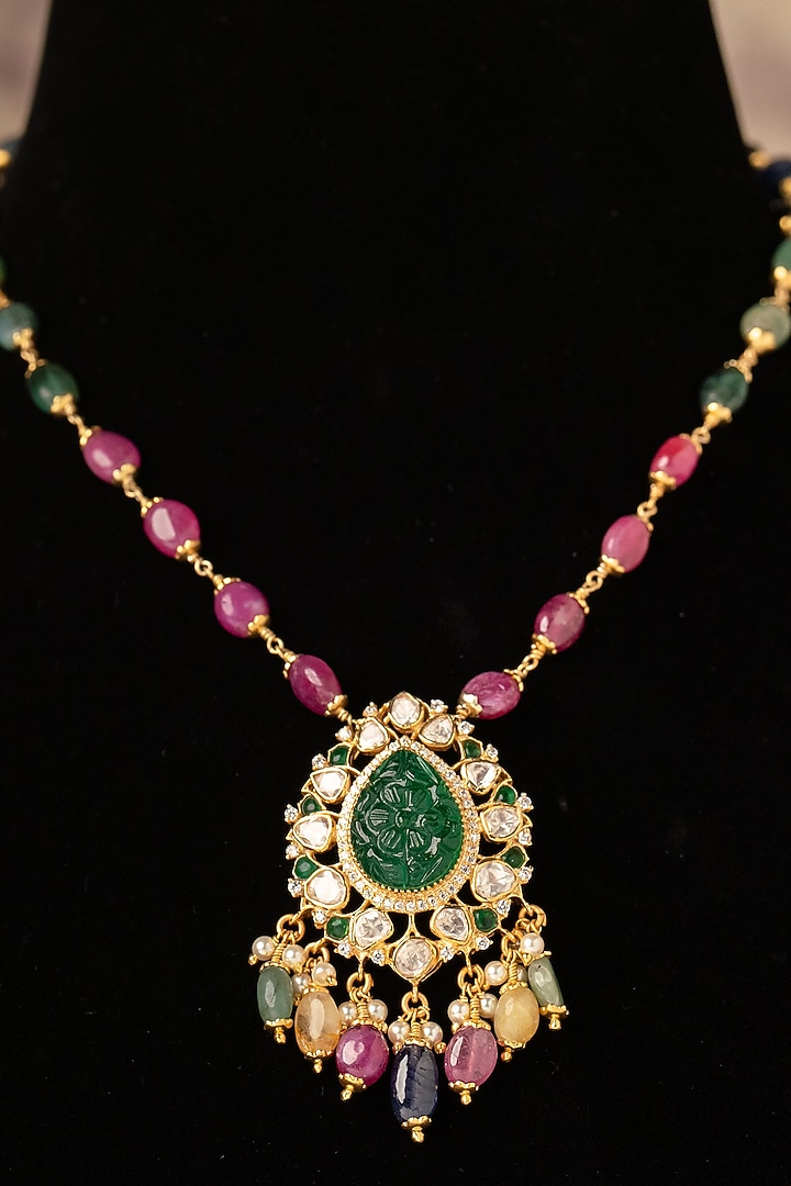Gold Plated Green Kundan Polki Long Necklace In Sterling Silver by Varq Jewels at Pernia's Pop Up Shop