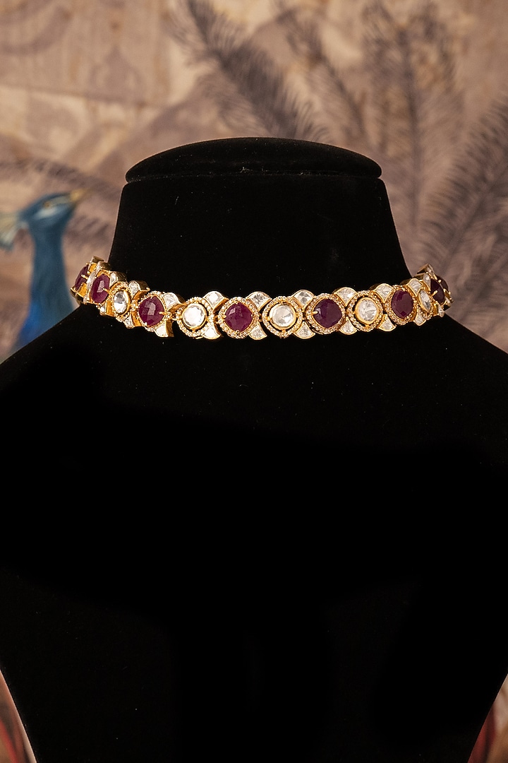 Gold Plated Red Kundan Polki Choker Necklace In Sterling Silver by Varq Jewels at Pernia's Pop Up Shop