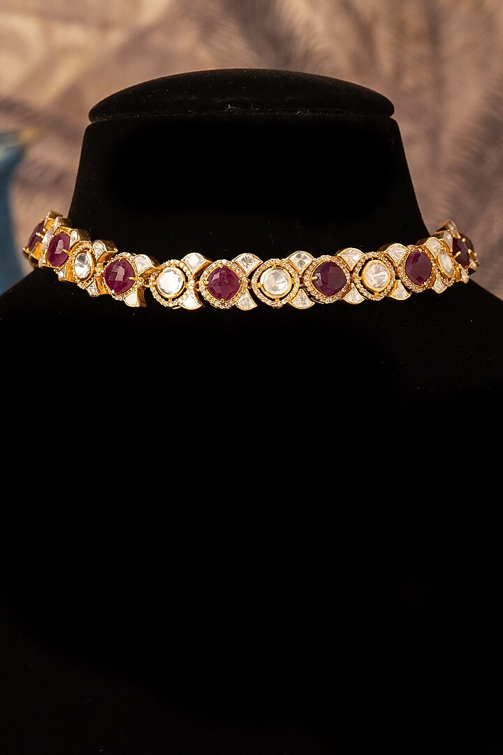 Gold Plated Red Kundan Polki Choker Necklace In Sterling Silver by Varq Jewels at Pernia's Pop Up Shop