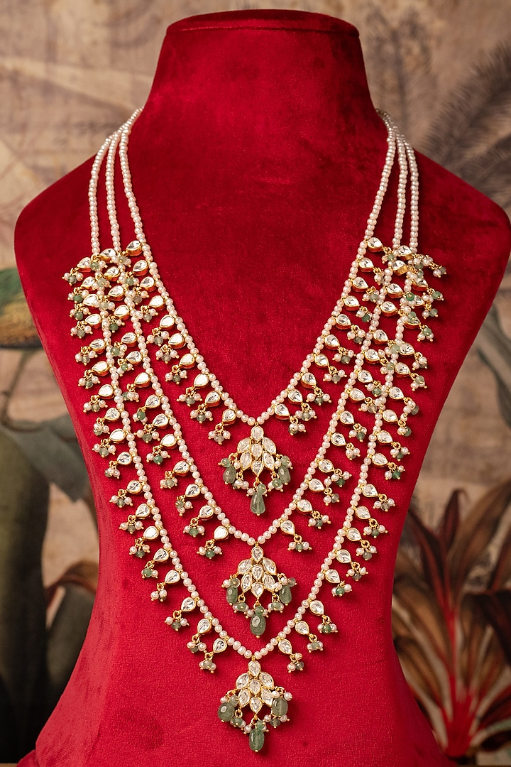 Gold Plated Green Kundan Polki Long Necklace In Sterling Silver by Varq Jewels at Pernia's Pop Up Shop