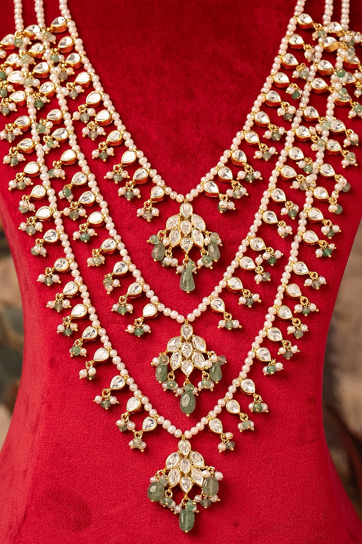 Gold Plated Green Kundan Polki Long Necklace In Sterling Silver by Varq Jewels at Pernia's Pop Up Shop