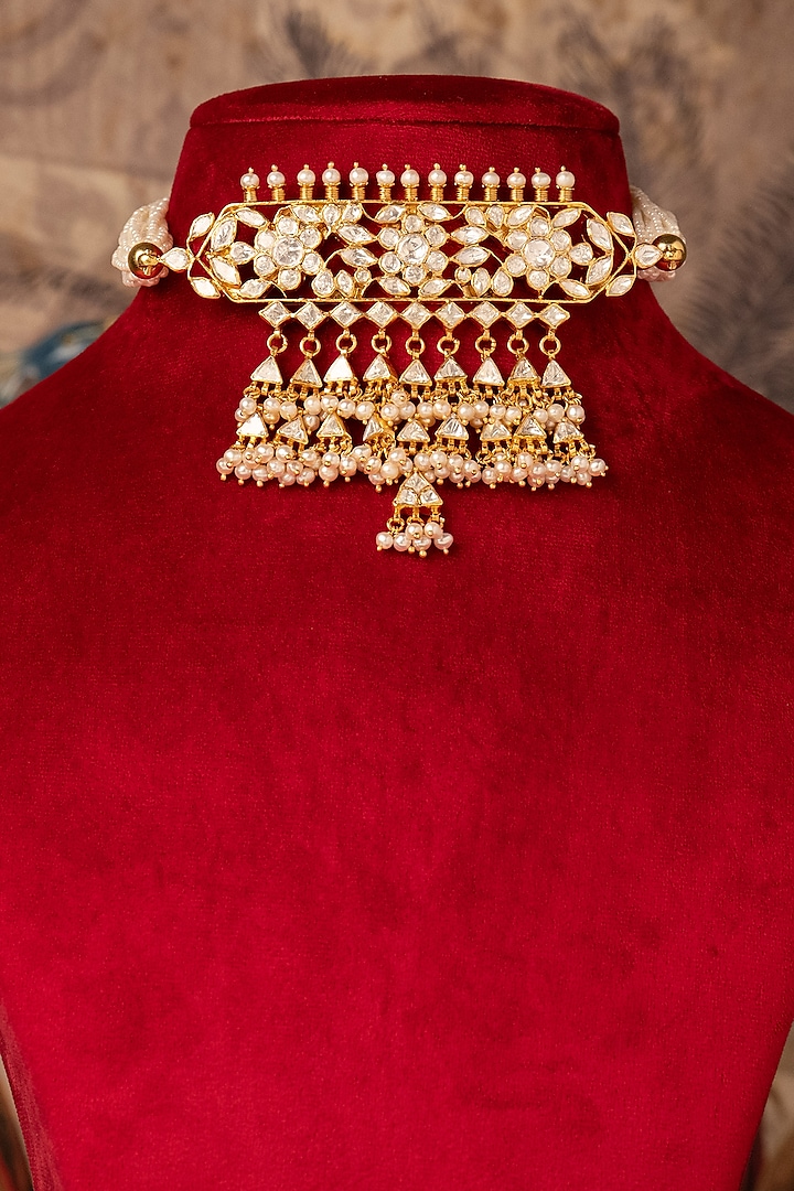 Gold Plated White Kundan Polki Necklace In Sterling Silver by Varq Jewels at Pernia's Pop Up Shop