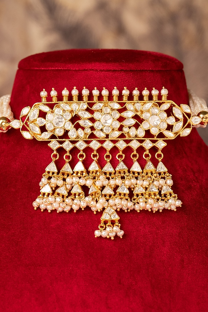 Gold Plated White Kundan Polki Necklace In Sterling Silver by Varq Jewels at Pernia's Pop Up Shop