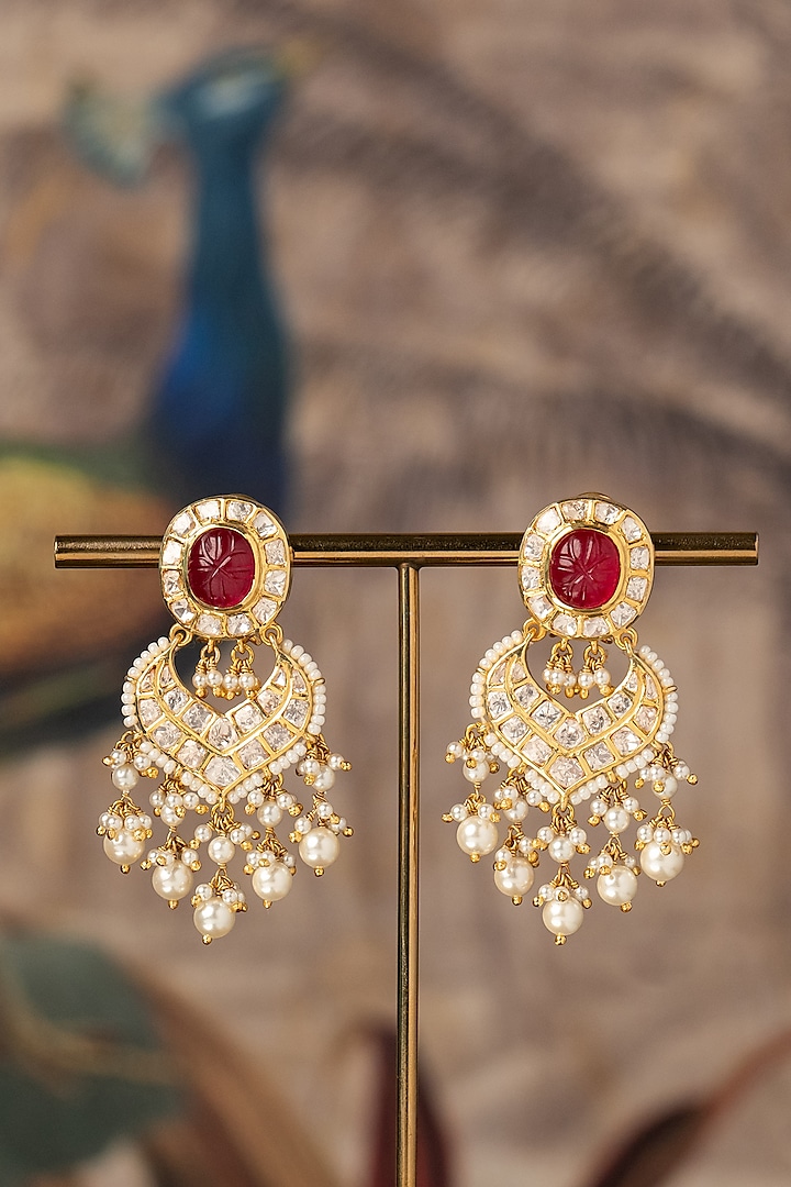 Gold Plated Pink Synthetic Stone Chandbali Earrings In Sterling Silver by Varq Jewels at Pernia's Pop Up Shop