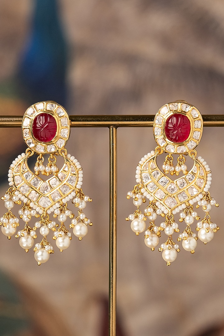 Gold Plated Pink Synthetic Stone Chandbali Earrings In Sterling Silver by Varq Jewels at Pernia's Pop Up Shop