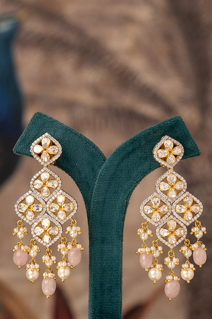 Gold Plated White Kundan Polki Dangler Earrings In Sterling Silver by Varq Jewels at Pernia's Pop Up Shop