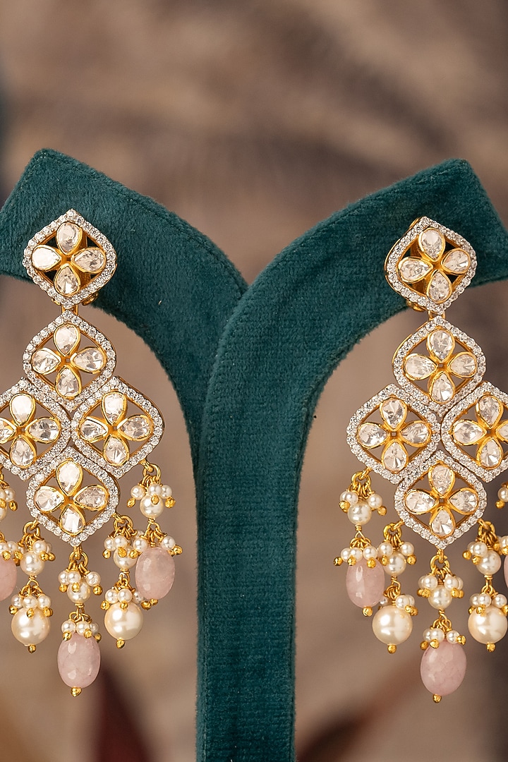 Gold Plated White Kundan Polki Dangler Earrings In Sterling Silver by Varq Jewels at Pernia's Pop Up Shop