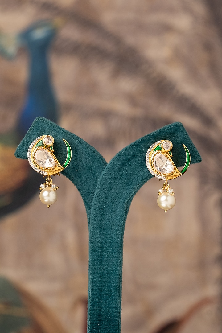 Gold Plated White Kundan Polki Stud Earrings In Sterling Silver by Varq Jewels at Pernia's Pop Up Shop