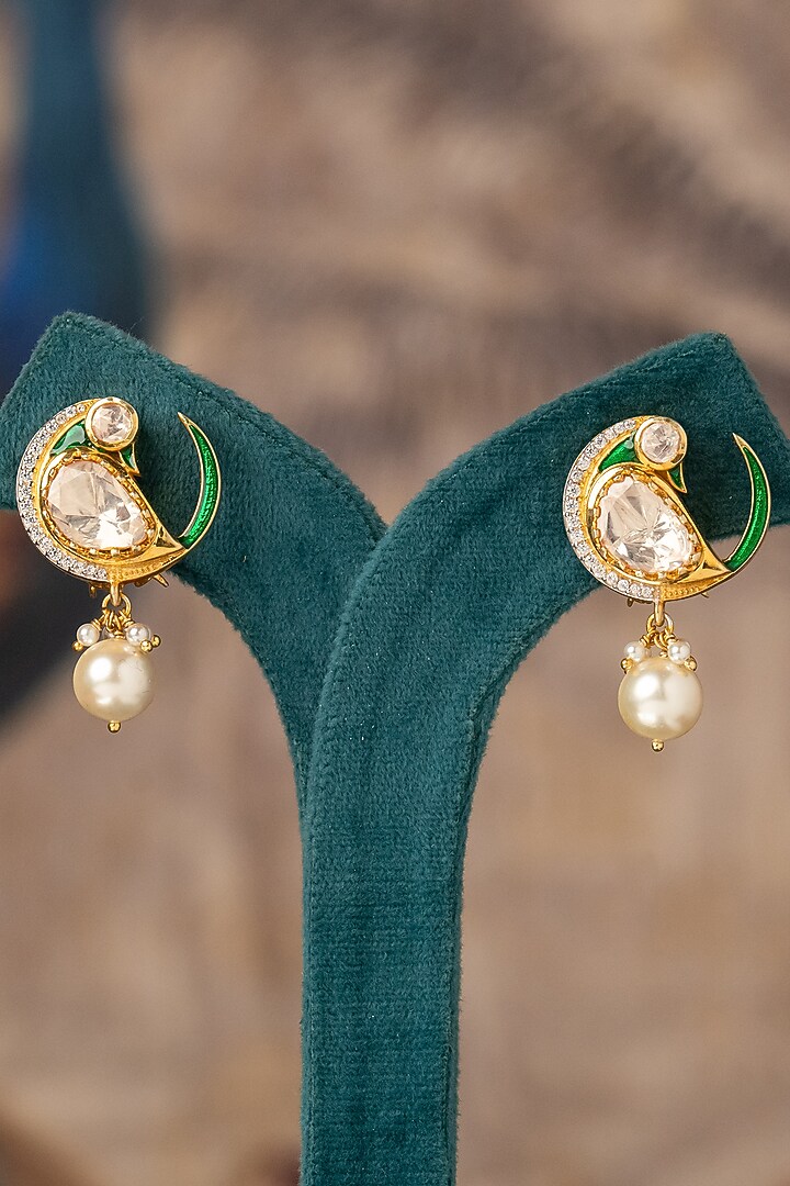 Gold Plated White Kundan Polki Stud Earrings In Sterling Silver by Varq Jewels at Pernia's Pop Up Shop