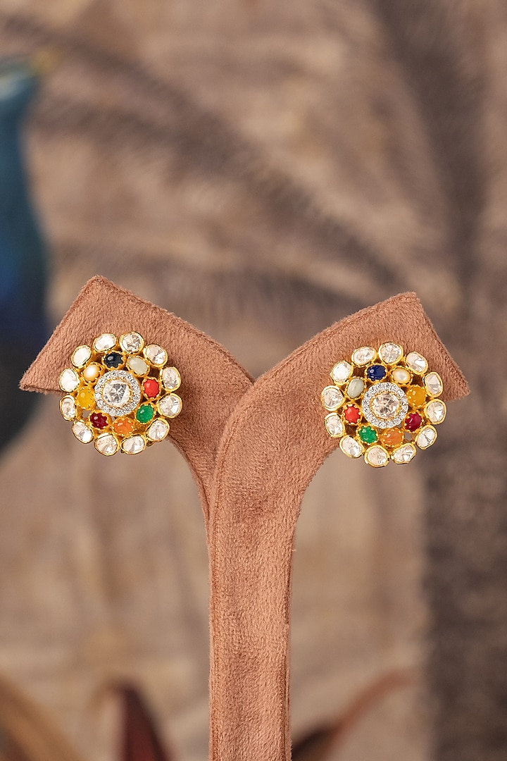 Gold Plated White Kundan Polki & Multi-Colored Stone Stud Earrings In Sterling Silver by Varq Jewels at Pernia's Pop Up Shop
