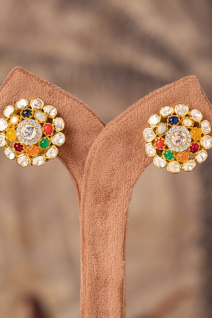 Gold Plated White Kundan Polki & Multi-Colored Stone Stud Earrings In Sterling Silver by Varq Jewels at Pernia's Pop Up Shop