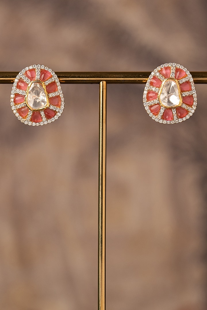 Gold Plated White Kundan Polki Stud Earrings In Sterling Silver by Varq Jewels at Pernia's Pop Up Shop