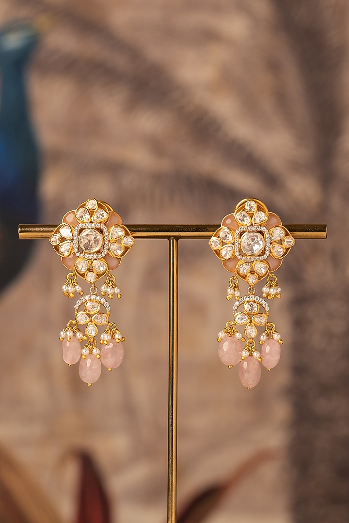 Gold Plated White Kundan Polki Dangler Earrings In Sterling Silver by Varq Jewels at Pernia's Pop Up Shop