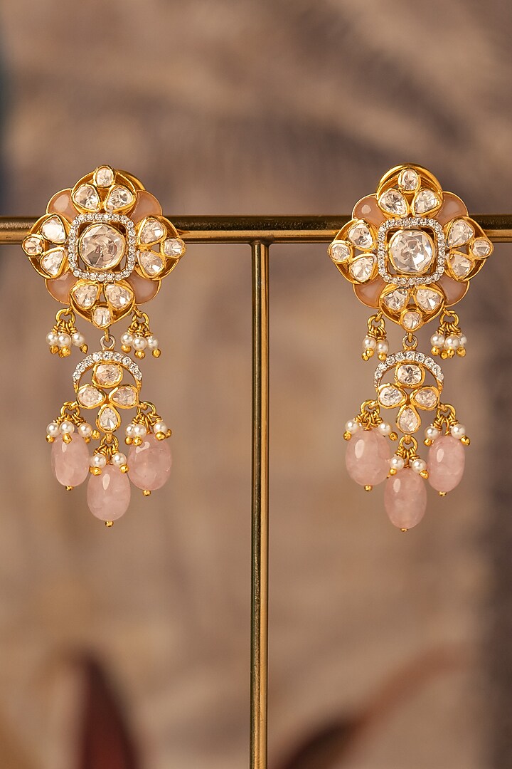 Gold Plated White Kundan Polki Dangler Earrings In Sterling Silver by Varq Jewels at Pernia's Pop Up Shop