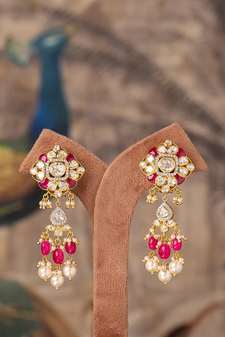 Gold Plated Red Kundan Polki Dangler Earrings In Sterling Silver by Varq Jewels at Pernia's Pop Up Shop