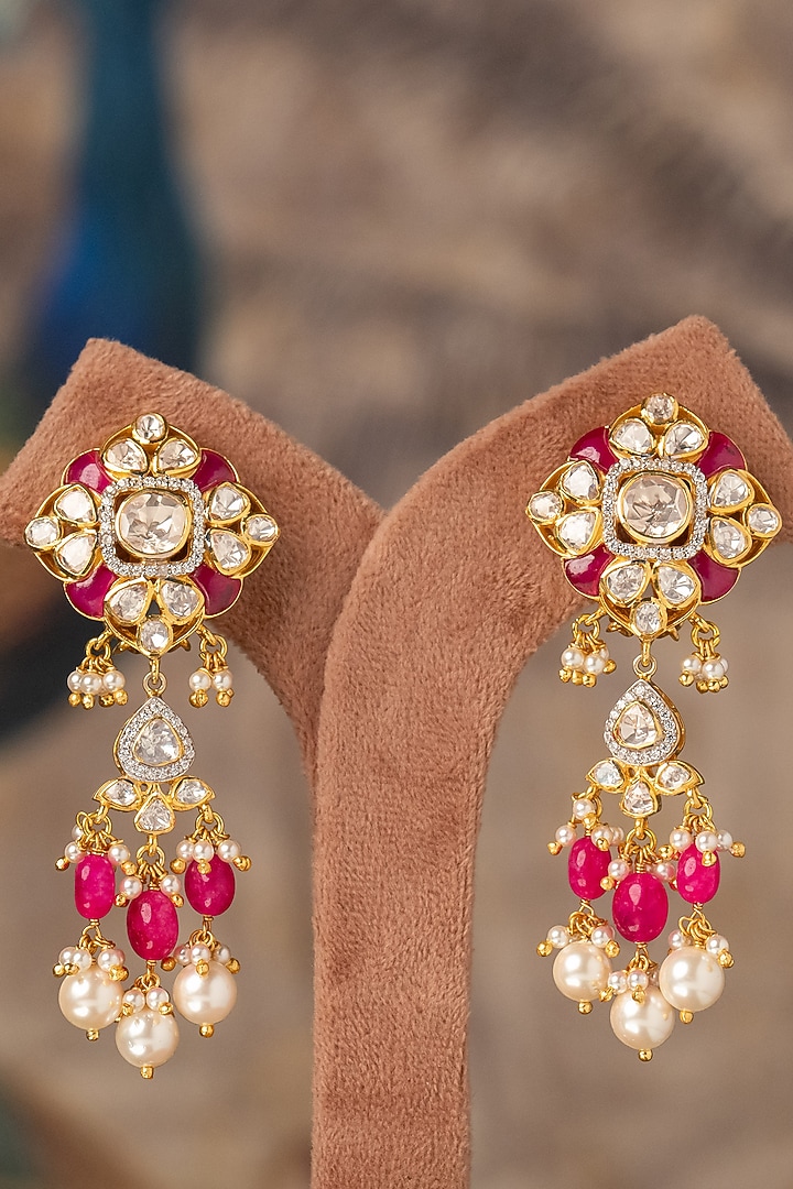 Gold Plated Red Kundan Polki Dangler Earrings In Sterling Silver by Varq Jewels at Pernia's Pop Up Shop