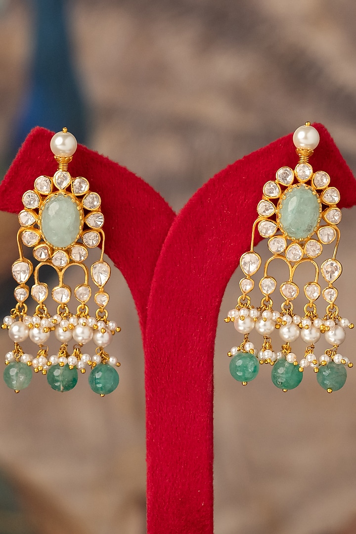 Gold Plated Russian Emerald & Kundan Polki Dangler Earrings In Sterling Silver by Varq Jewels at Pernia's Pop Up Shop