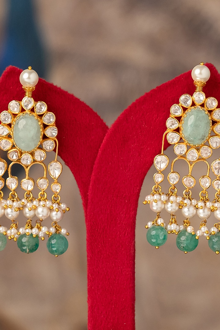 Gold Plated Russian Emerald & Kundan Polki Dangler Earrings In Sterling Silver by Varq Jewels at Pernia's Pop Up Shop