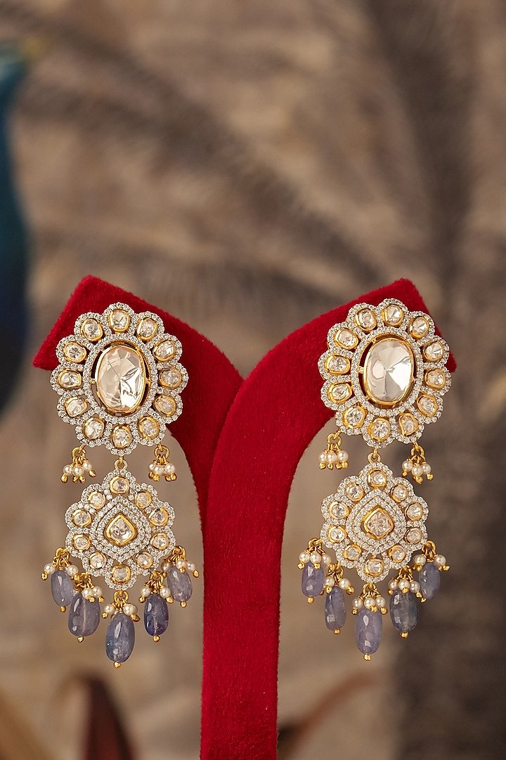 Gold Plated Grey Kundan Polki Dangler Earrings In Sterling Silver by Varq Jewels at Pernia's Pop Up Shop