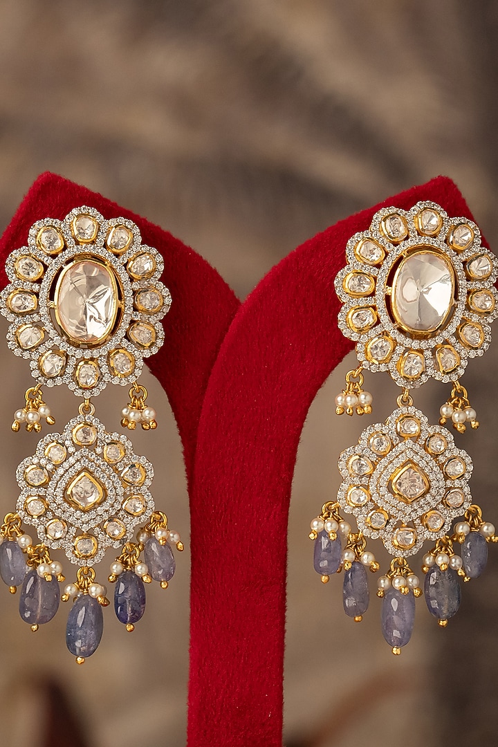 Gold Plated Grey Kundan Polki Dangler Earrings In Sterling Silver by Varq Jewels at Pernia's Pop Up Shop