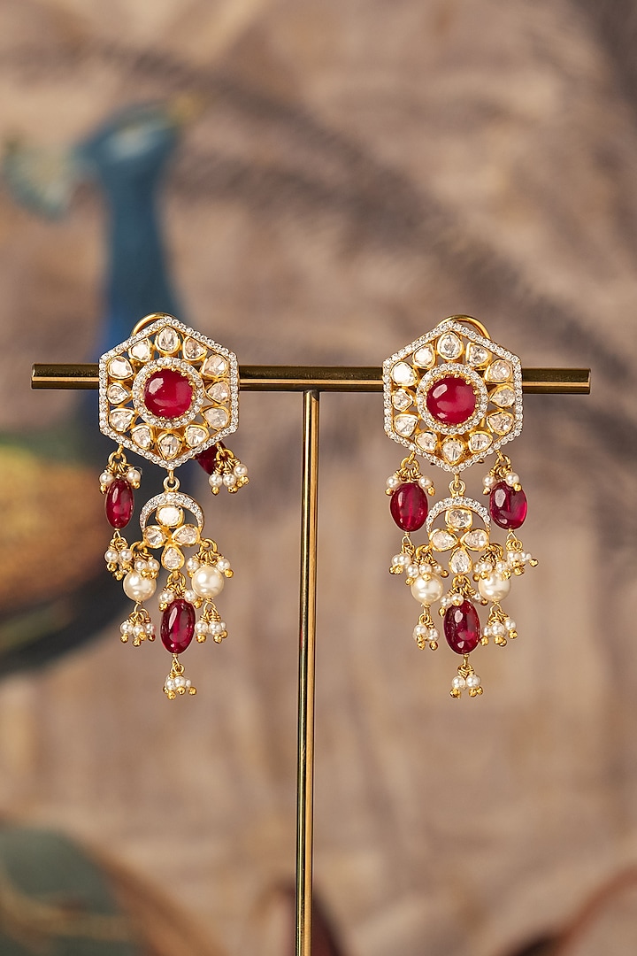 Gold Plated Red Kundan Polki Dangler Earrings In Sterling Silver by Varq Jewels at Pernia's Pop Up Shop