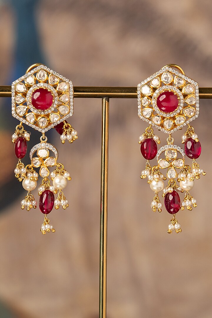 Gold Plated Red Kundan Polki Dangler Earrings In Sterling Silver by Varq Jewels at Pernia's Pop Up Shop