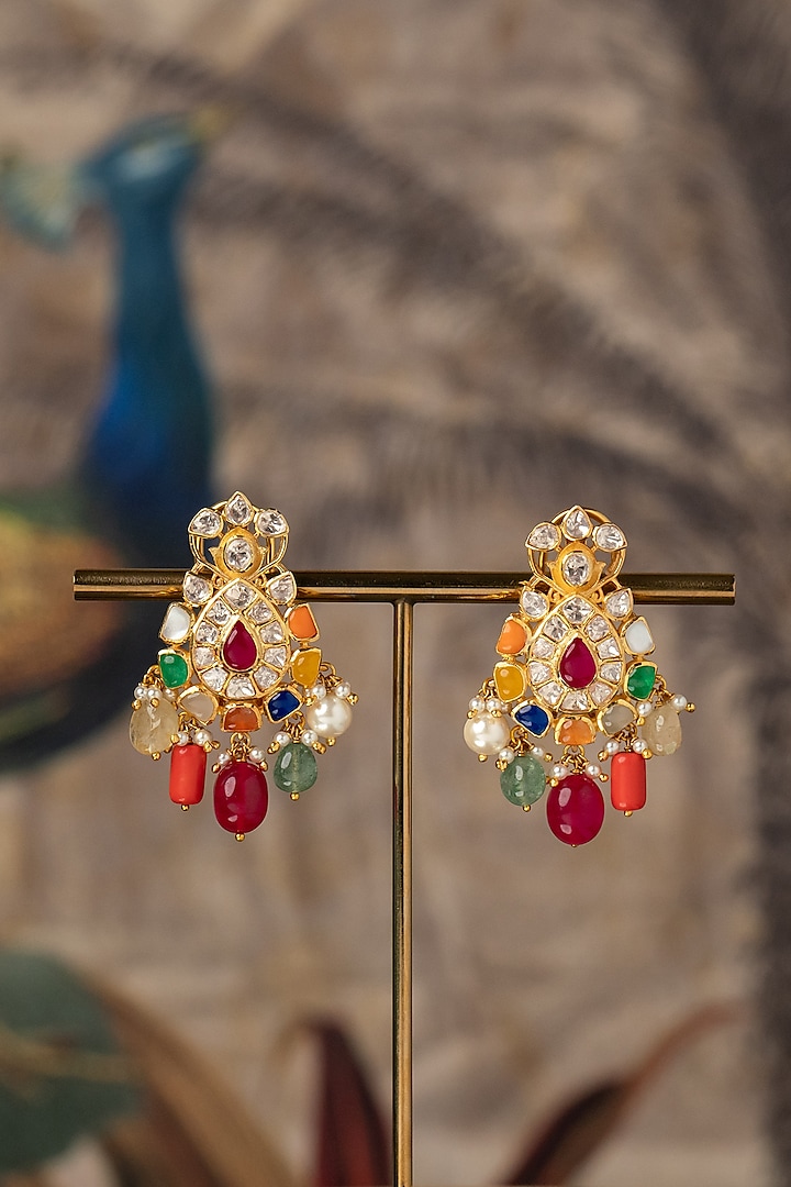 Gold Plated Multi-Colored Kundan Polki Dangler Earrings In Sterling Silver by Varq Jewels at Pernia's Pop Up Shop