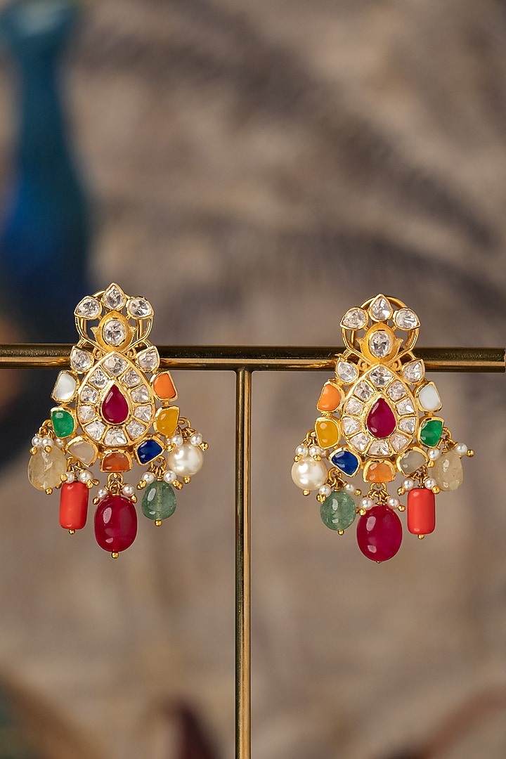 Gold Plated Multi-Colored Kundan Polki Dangler Earrings In Sterling Silver by Varq Jewels at Pernia's Pop Up Shop