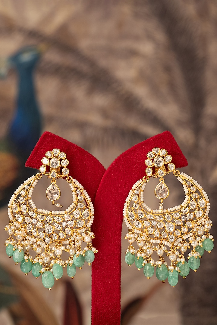 Gold Plated Green Kundan Polki Chandbali Earrings In Sterling Silver by Varq Jewels at Pernia's Pop Up Shop