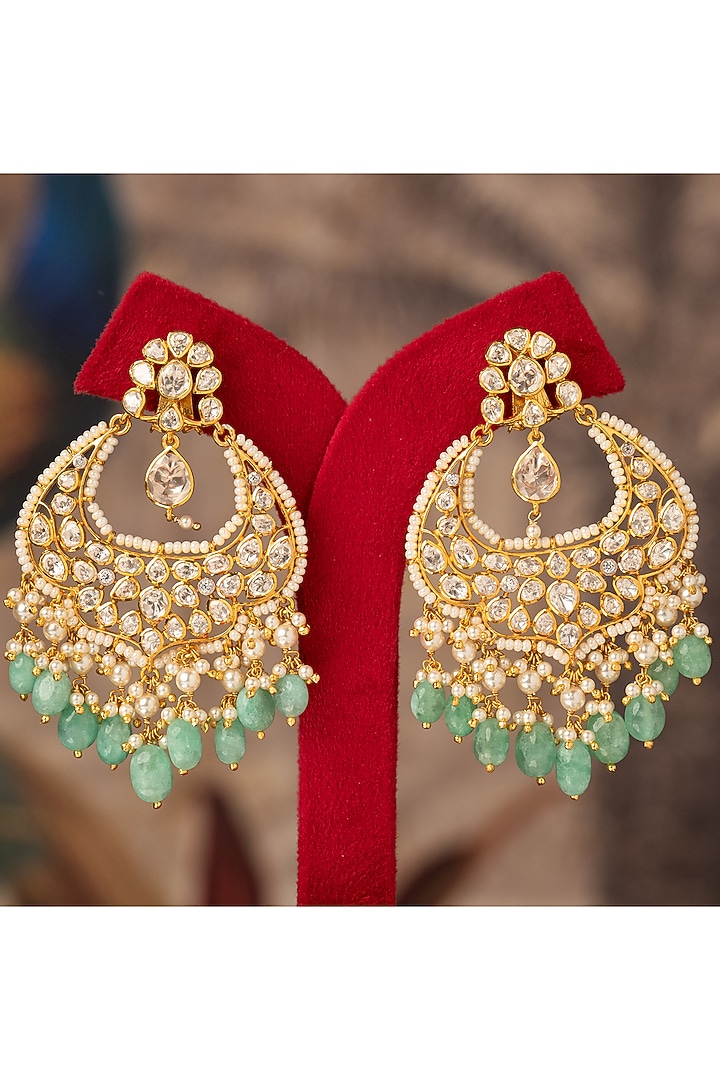 Gold Plated Green Kundan Polki Chandbali Earrings In Sterling Silver by Varq Jewels at Pernia's Pop Up Shop