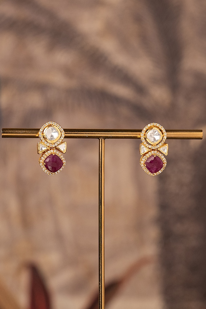 Gold Plated Red Kundan Polki Stud Earrings In Sterling Silver by Varq Jewels at Pernia's Pop Up Shop