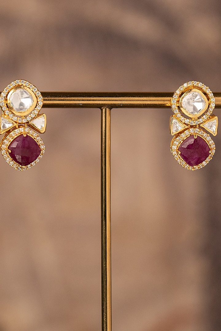 Gold Plated Red Kundan Polki Stud Earrings In Sterling Silver by Varq Jewels at Pernia's Pop Up Shop