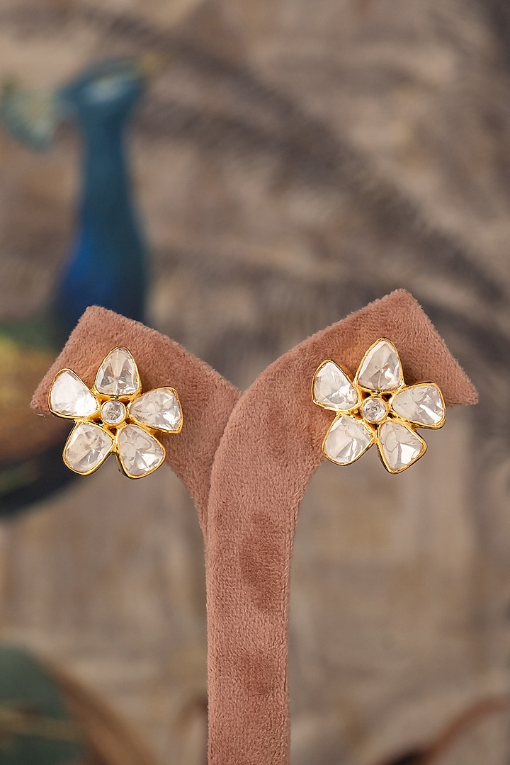 Gold Plated White Kundan Polki Stud Earrings In Sterling Silver by Varq Jewels at Pernia's Pop Up Shop