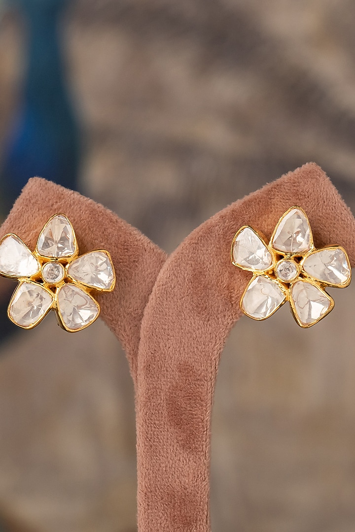 Gold Plated Moissanite Stone Floral Stud Earrings In Sterling Silver by Varq Jewels at Pernia's Pop Up Shop