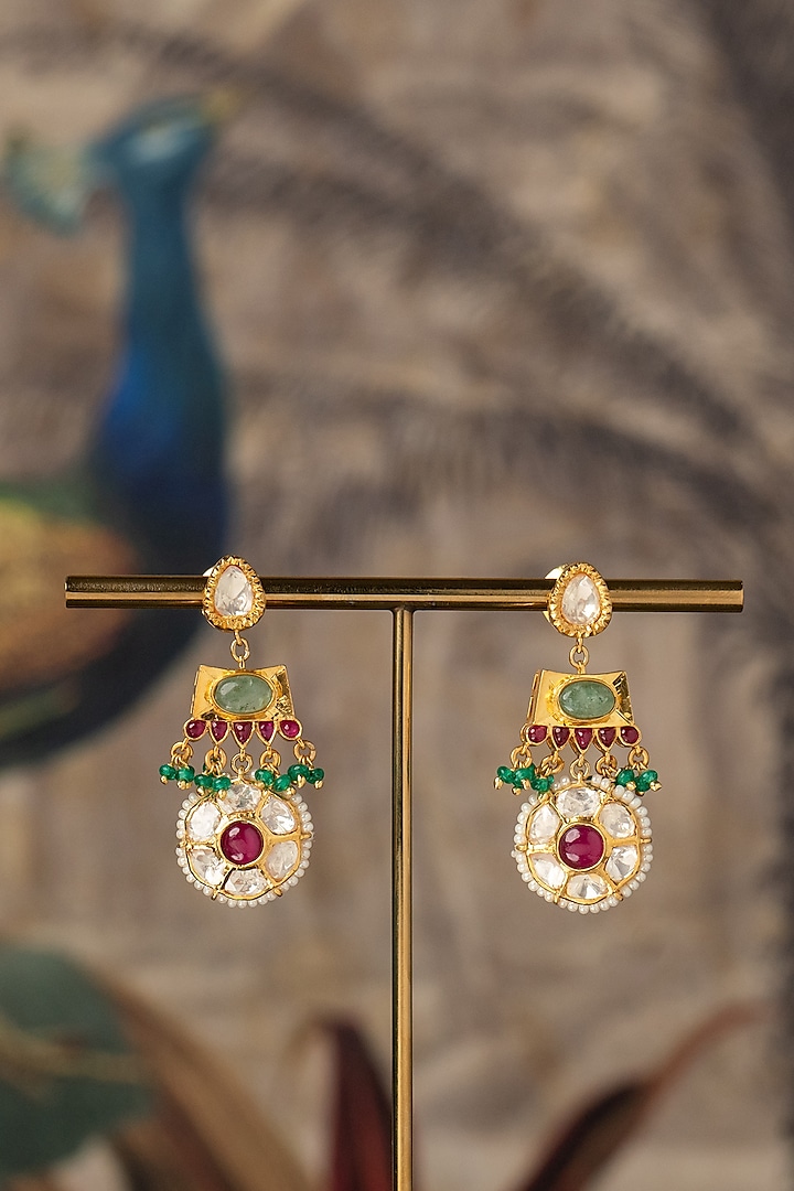 Gold Plated Red Kundan Polki Dangler Earrings In Sterling Silver by Varq Jewels at Pernia's Pop Up Shop